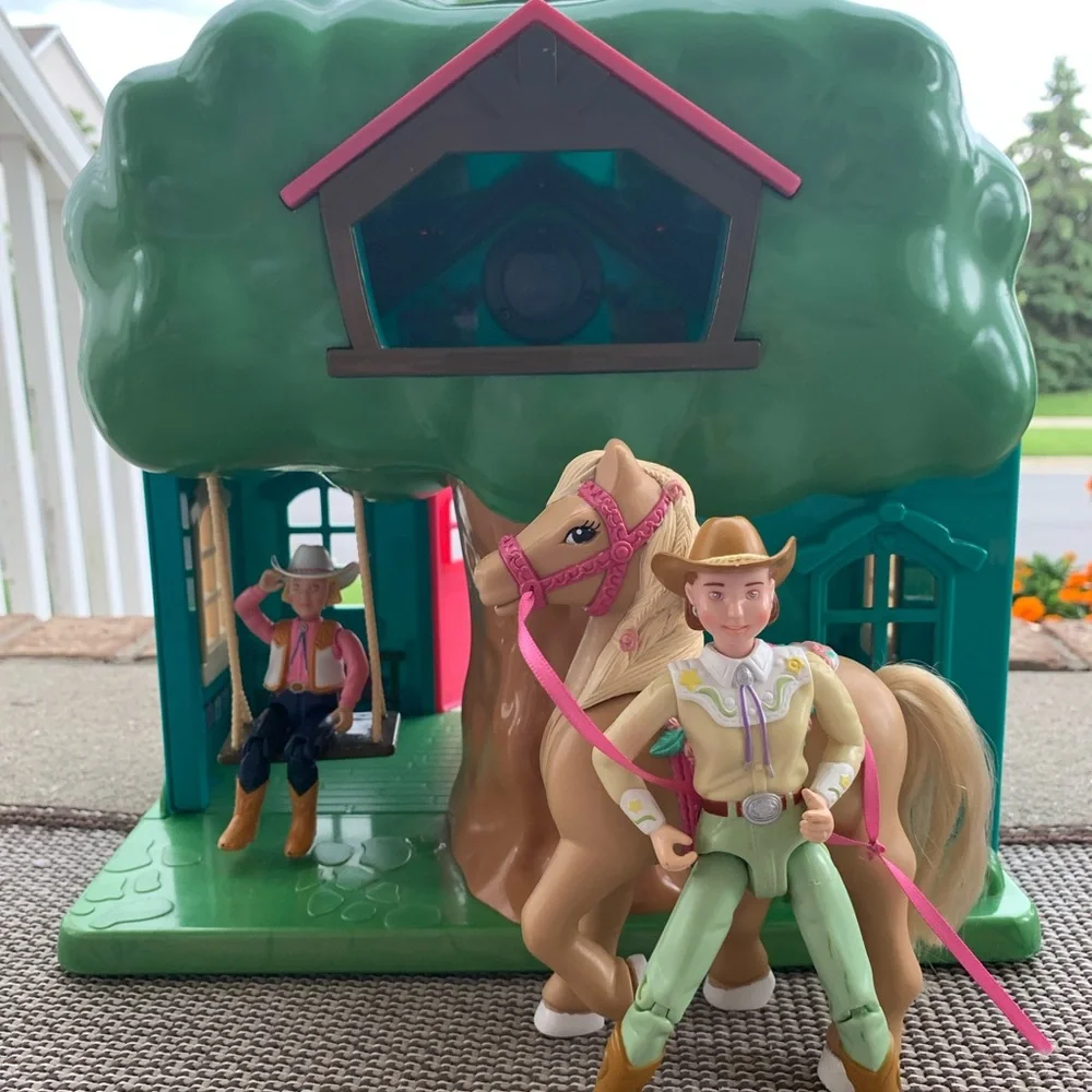 Cowgirl dolls, horse, house, and furniture playset